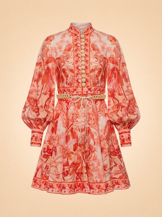 Zimmermann Coral/Red Palm & Floral Print Linen Dress — front