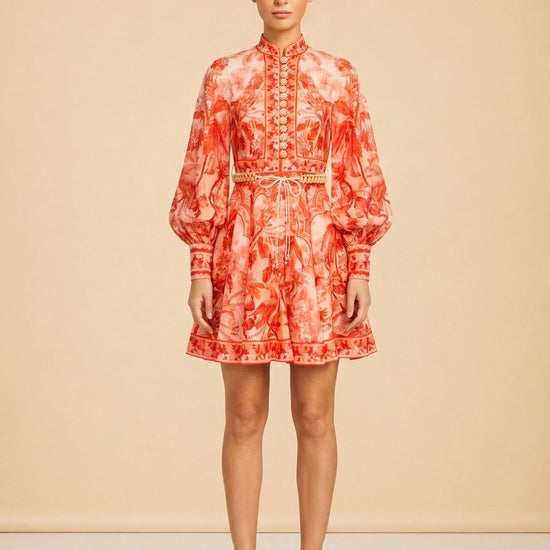 Zimmermann Coral/Red Palm & Floral Print Linen Dress — on model, front