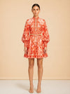 Zimmermann Coral/Red Palm & Floral Print Linen Dress — on model, front
