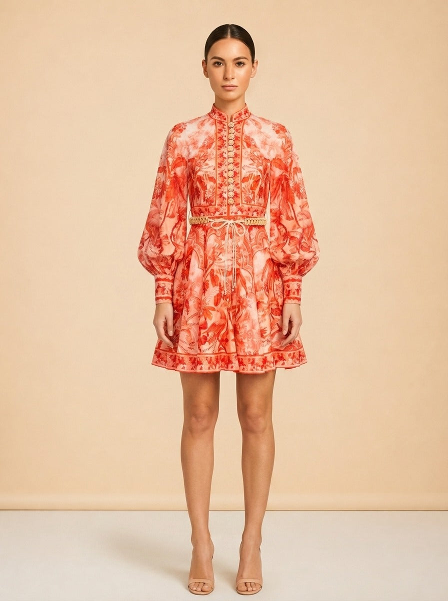 Zimmermann Coral/Red Palm & Floral Print Linen Dress — on model, front