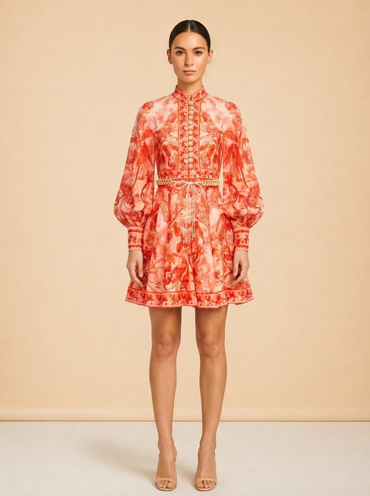 Zimmermann Coral/Red Palm & Floral Print Linen Dress — on model, front
