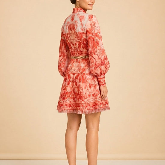 Zimmermann Coral/Red Palm & Floral Print Linen Dress — detail