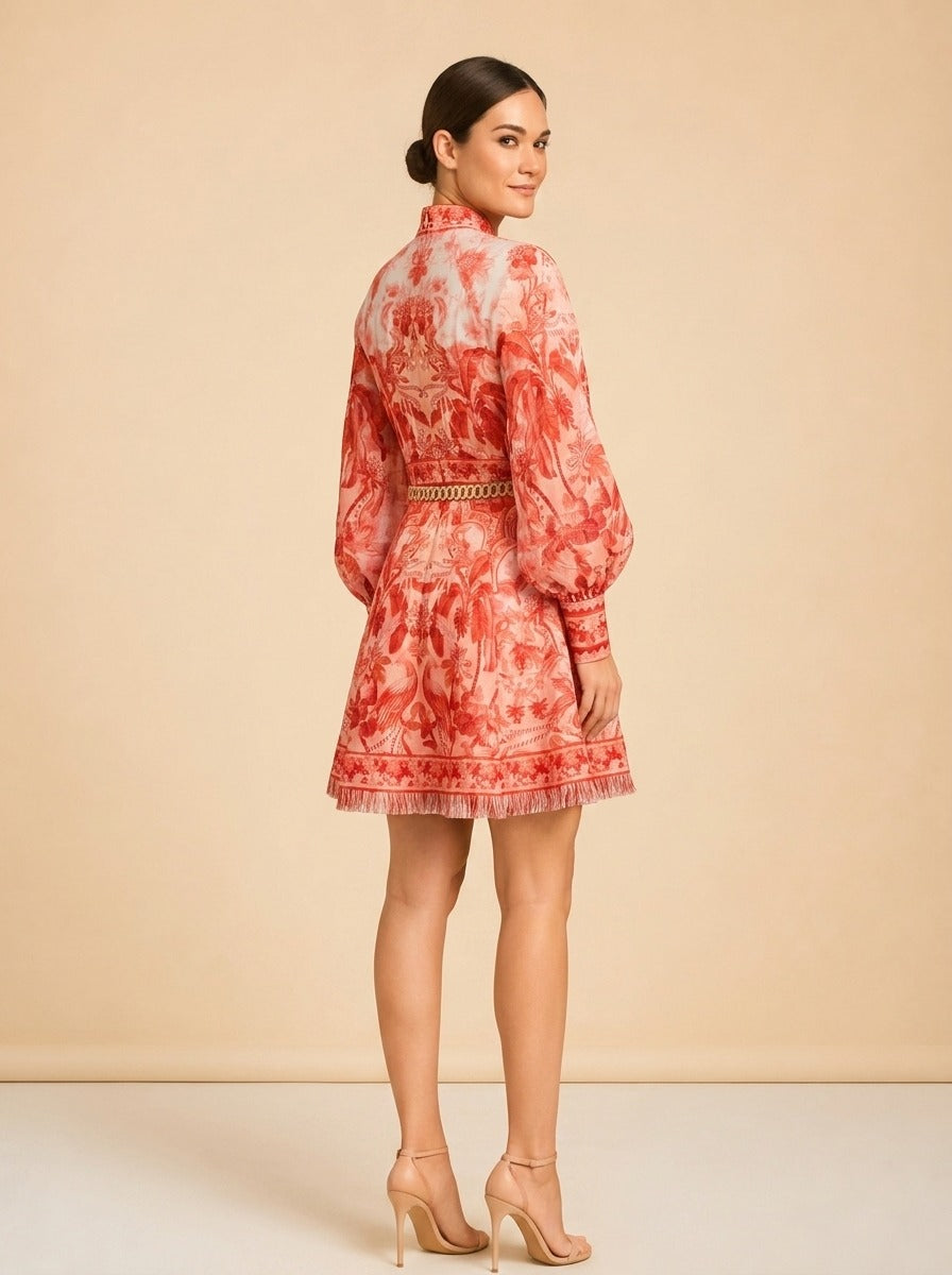Zimmermann Coral/Red Palm & Floral Print Linen Dress — detail