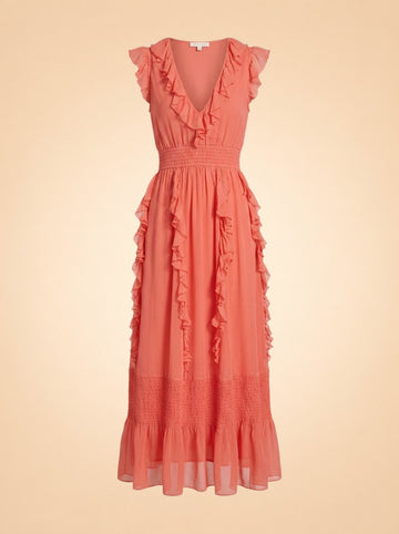 Love The Label Coral Tiered Ruffle Maxi Dress — front