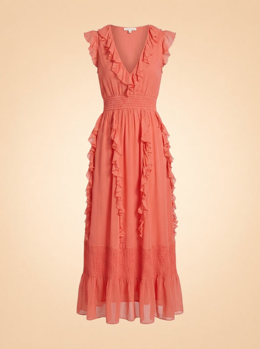Love The Label Coral Tiered Ruffle Maxi Dress — front