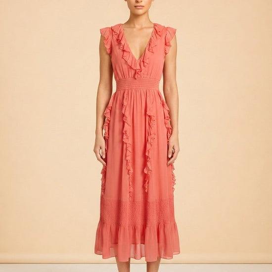 Love The Label Coral Tiered Ruffle Maxi Dress — on model, front