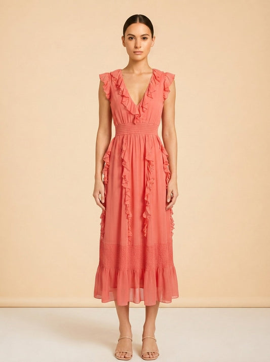Love The Label Coral Tiered Ruffle Maxi Dress — on model, front