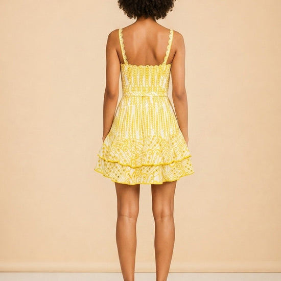 Charo Ruiz Ibiza Cordoba Short Dress (Solar Yellow eyelet) — on model, back