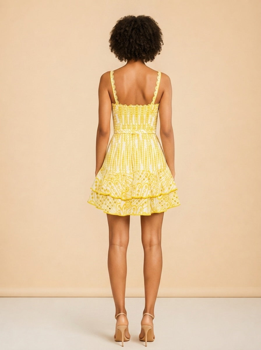 Charo Ruiz Ibiza Cordoba Short Dress (Solar Yellow eyelet) — on model, back
