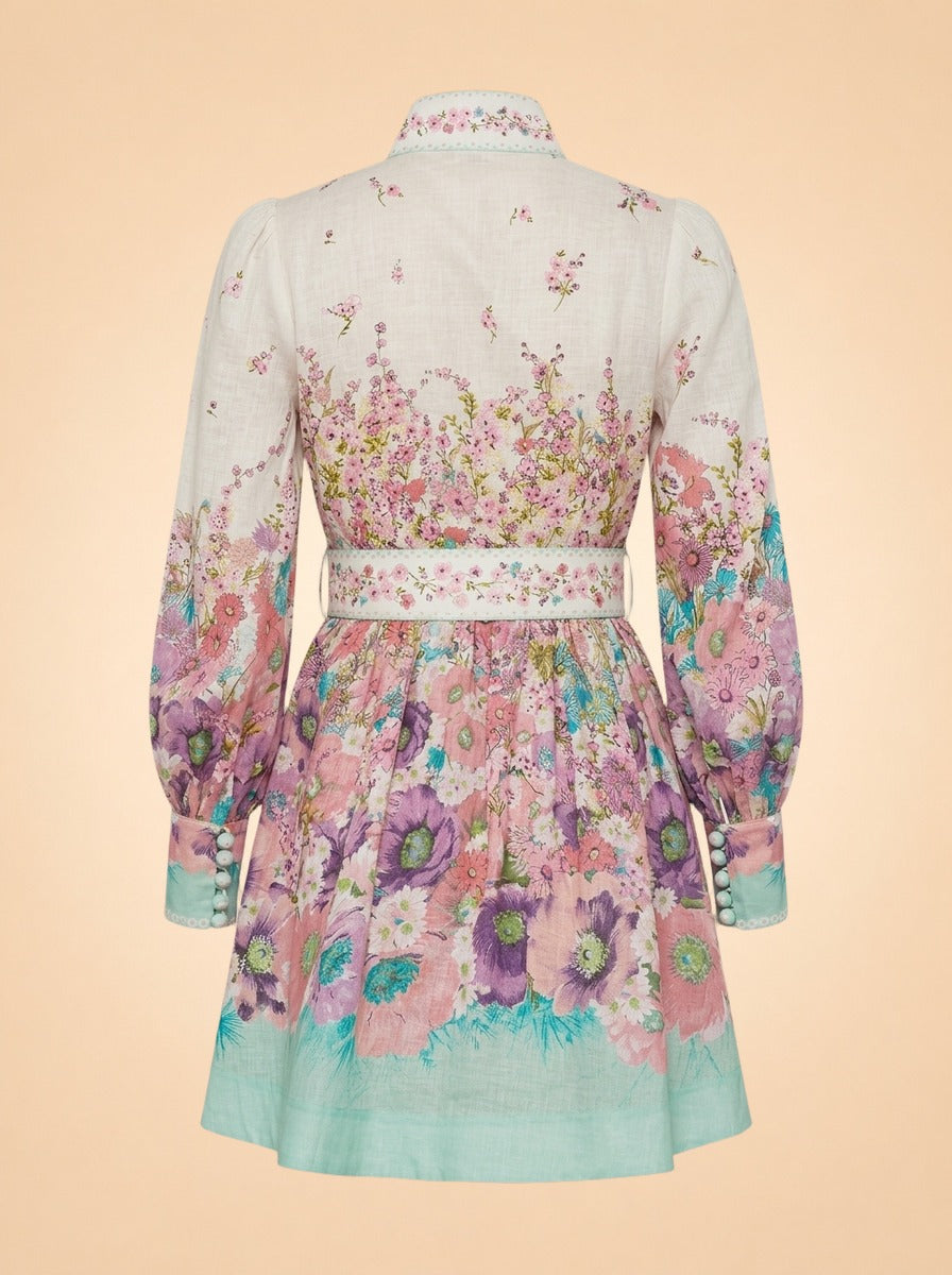 Zimmermann Cream Floral Linen Button Dress (mint trim) — back