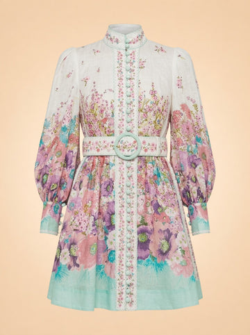 Zimmermann Cream Floral Linen Button Dress (mint trim) — front