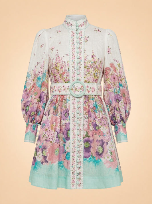 Zimmermann Cream Floral Linen Button Dress (mint trim) — front