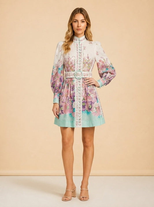 Zimmermann Cream Floral Linen Button Dress (mint trim) — on model, front