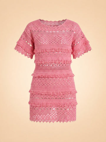 Maje Crochet Knit Fringe Dress (pink) — front