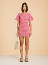 Maje Crochet Knit Fringe Dress (pink) — on model, front