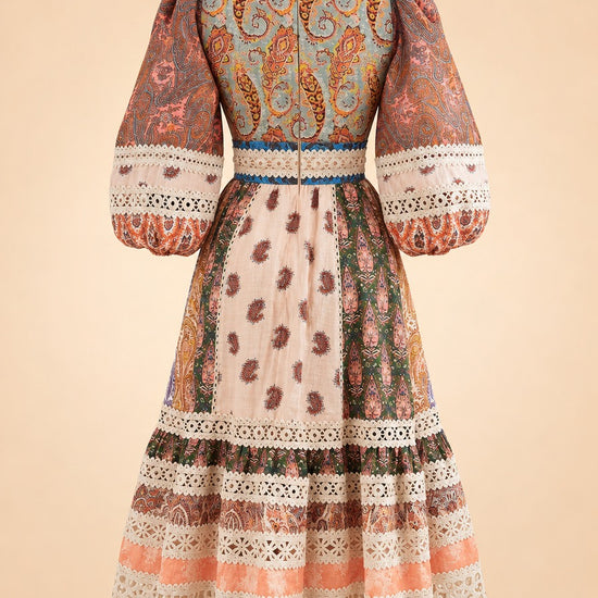 ZIMMERMANN Crochet-Trimmed Patchwork Paisley Linen Midi Dress ghost_back