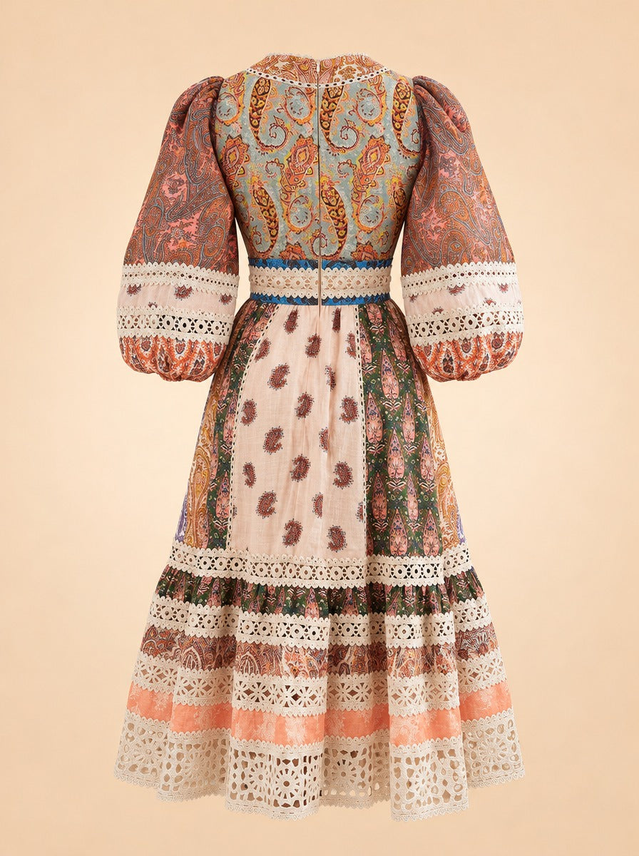 ZIMMERMANN Crochet-Trimmed Patchwork Paisley Linen Midi Dress ghost_back