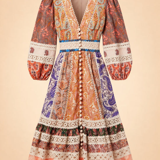 ZIMMERMANN Crochet-Trimmed Patchwork Paisley Linen Midi Dress ghost_front