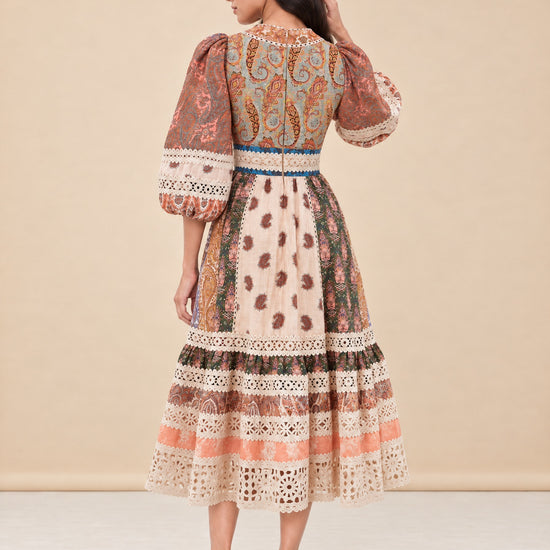 ZIMMERMANN Crochet-Trimmed Patchwork Paisley Linen Midi Dress model_back