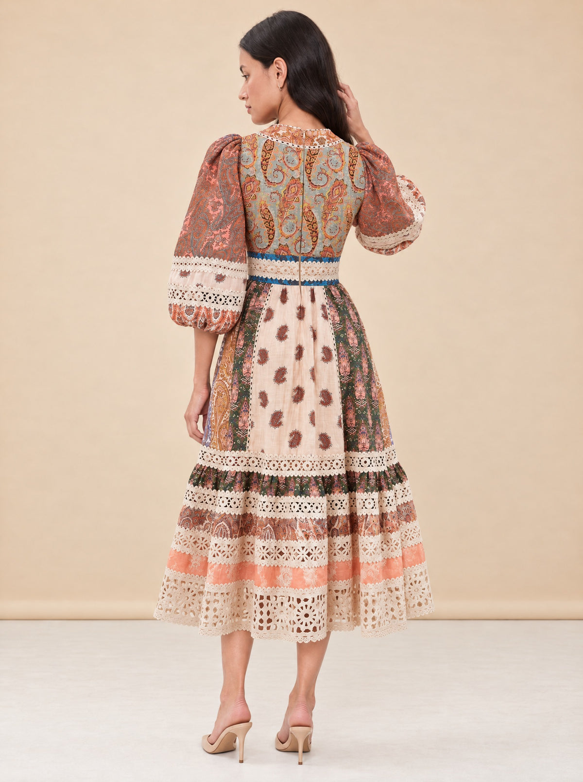 ZIMMERMANN Crochet-Trimmed Patchwork Paisley Linen Midi Dress model_back