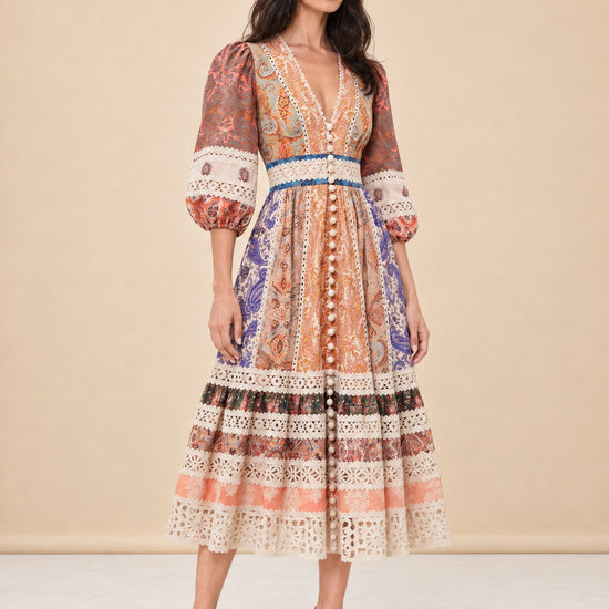 ZIMMERMANN Crochet-Trimmed Patchwork Paisley Linen Midi Dress model_front_2