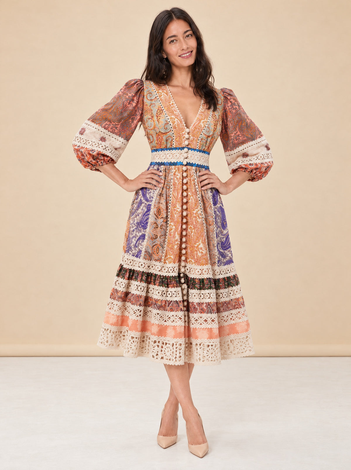 ZIMMERMANN Crochet-Trimmed Patchwork Paisley Linen Midi Dress model_front