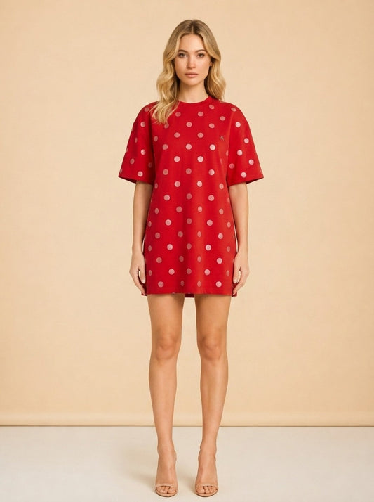 AREA Crystal-Embellished Polka-Dot Mini Dress (red) — on model, front