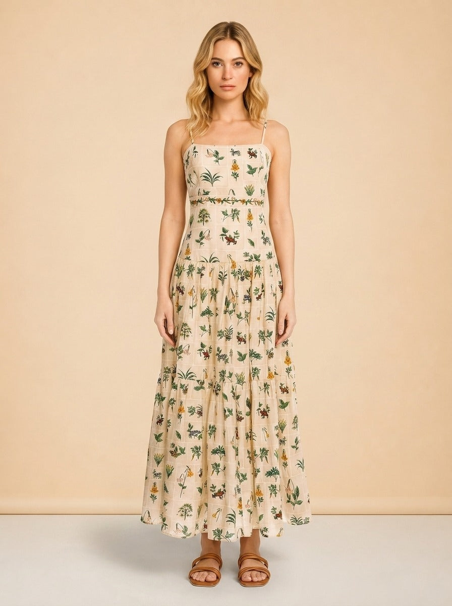 Curandera Lima Ranas Linen Tiered Maxi Dress — Agua by Agua Bendita