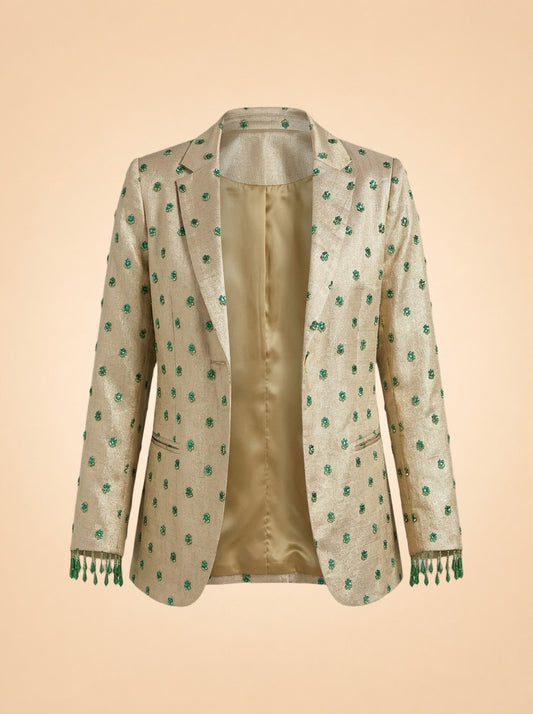 Desirae Embroidered Beaded Blazer - Light Gold/Mini Geometric Floral embroidery ghost_front