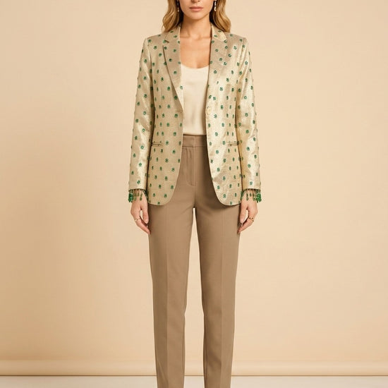 Desirae Embroidered Beaded Blazer - Light Gold/Mini Geometric Floral embroidery model_front