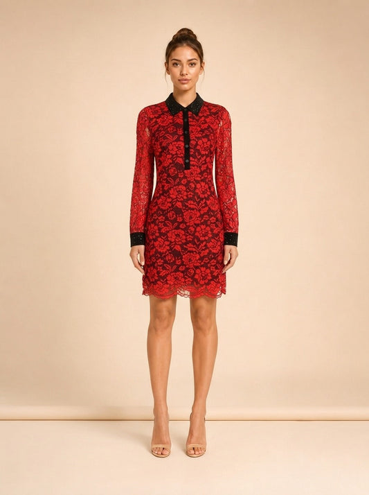 Diane von Furstenberg Red Lace Chemise Dress model front