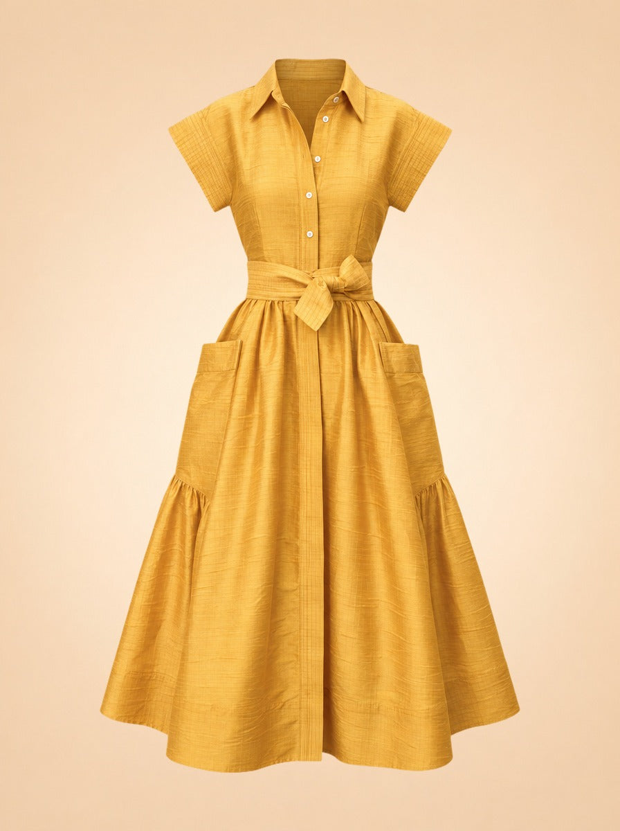 Betty Dupioni Tie-Waist Shirt Midi Dress — ghost front