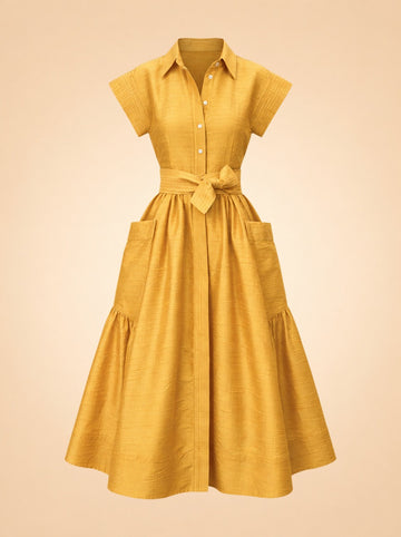 Betty Dupioni Tie-Waist Shirt Midi Dress — ghost front