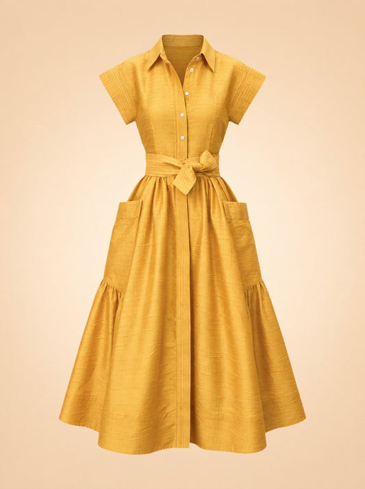 Betty Dupioni Tie-Waist Shirt Midi Dress — ghost front