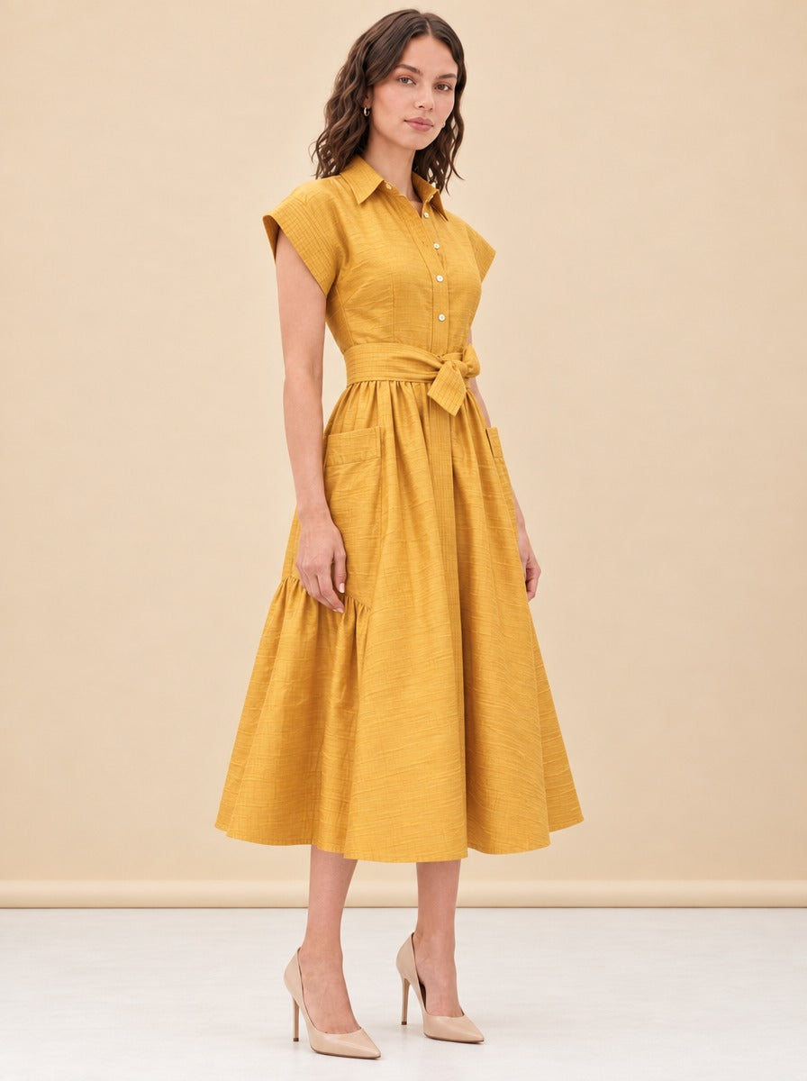 Betty Dupioni Tie-Waist Shirt Midi Dress — model front 2