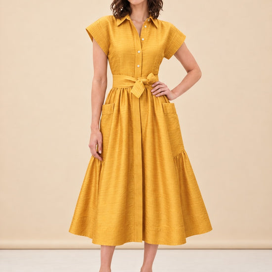 Betty Dupioni Tie-Waist Shirt Midi Dress — model front 3