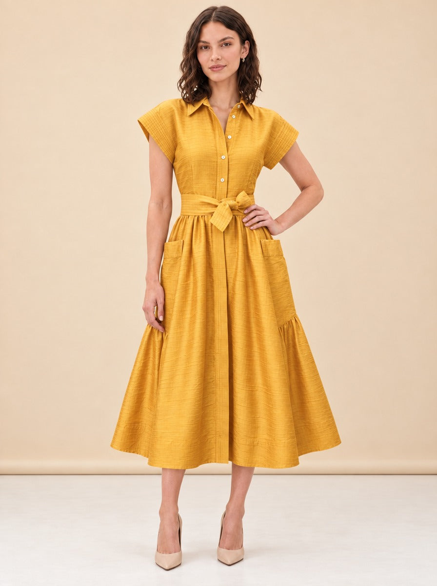 Betty Dupioni Tie-Waist Shirt Midi Dress — model front 3
