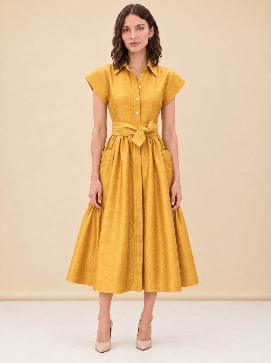 Betty Dupioni Tie-Waist Shirt Midi Dress — model front