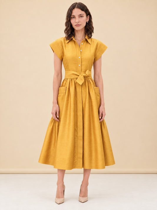 Betty Dupioni Tie-Waist Shirt Midi Dress — model front