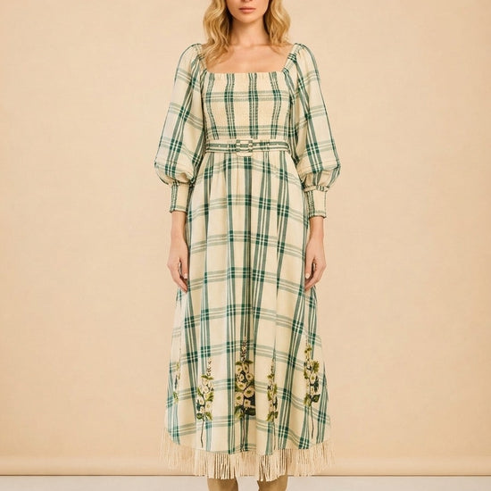 EDDY X MCKENZIE DEPINTO ELOISE DRESS IN GREEN PLAID & FLORAL model_front