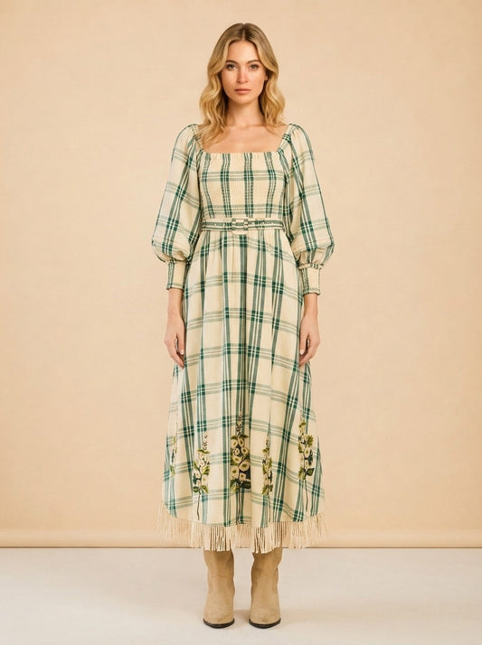 EDDY X MCKENZIE DEPINTO ELOISE DRESS IN GREEN PLAID & FLORAL model_front