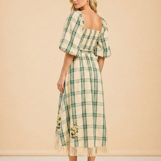 EDDY X MCKENZIE DEPINTO ELOISE DRESS IN GREEN PLAID & FLORAL model_over_shoulder