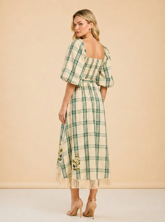 EDDY X MCKENZIE DEPINTO ELOISE DRESS IN GREEN PLAID & FLORAL model_over_shoulder