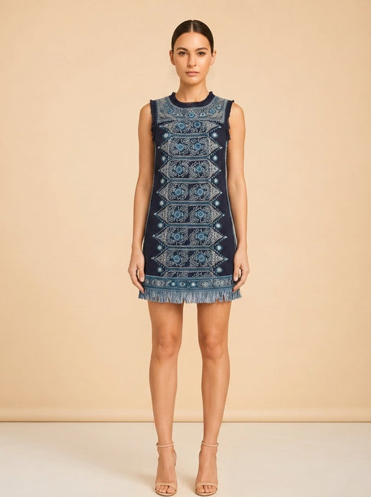 Sea New York Edwina Embroidery Dress (navy/blue) — on model, front