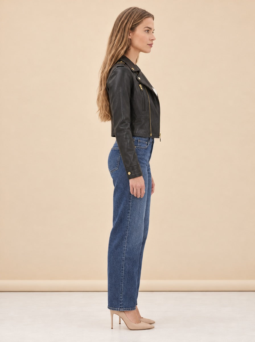 Erin Burnished Leather Biker Jacket model_side
