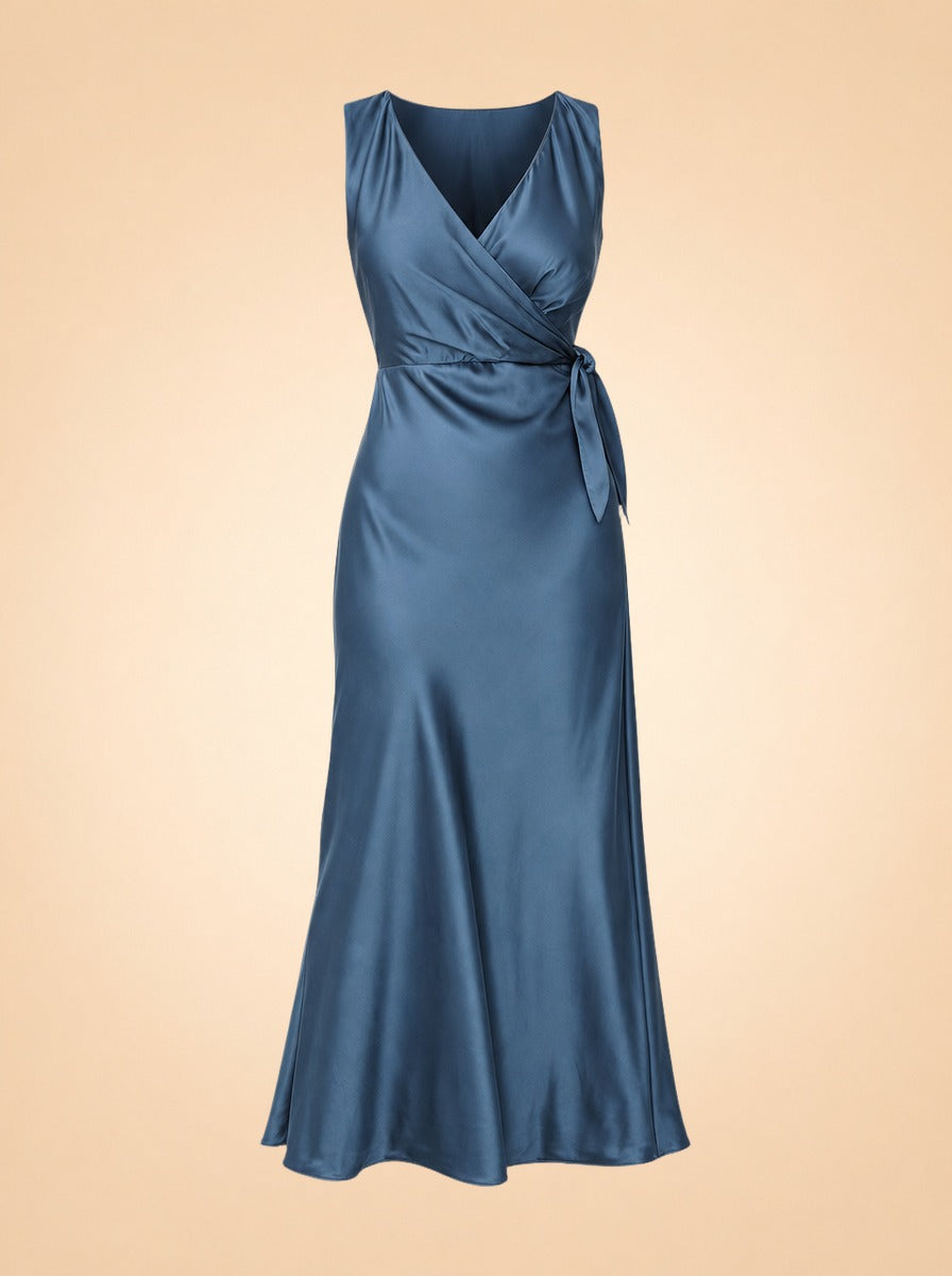 Eva Satin Wrap Midi Dress — ghost front