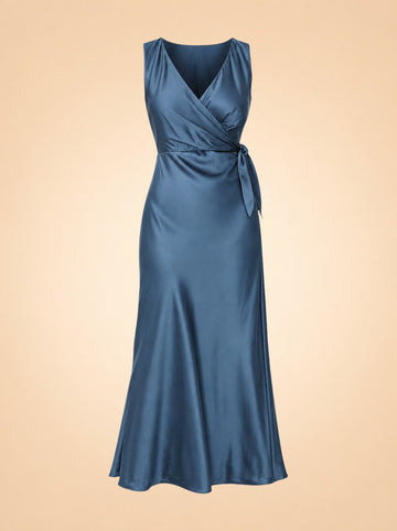 Eva Satin Wrap Midi Dress — ghost front