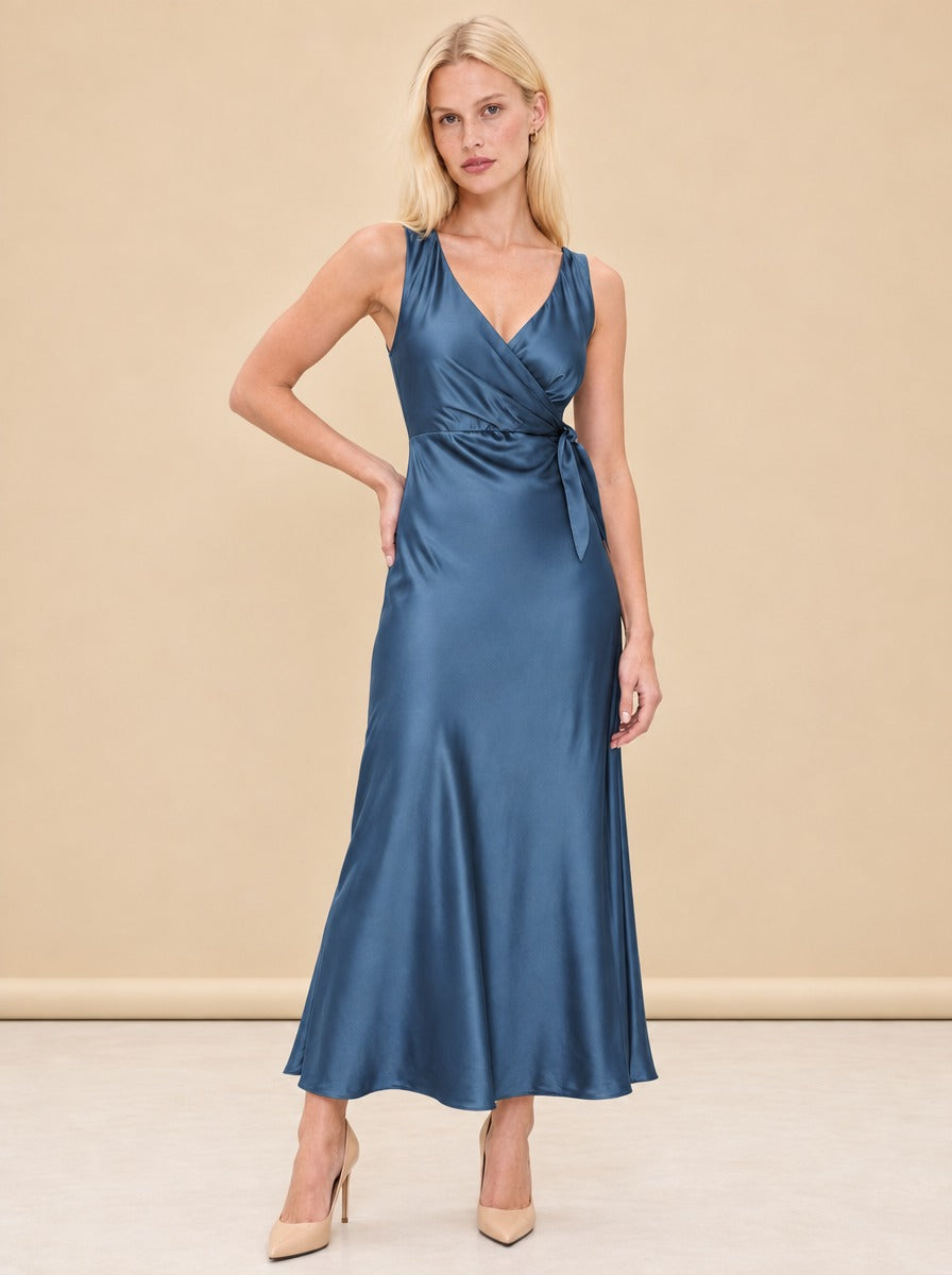 Eva Satin Wrap Midi Dress — model front 3