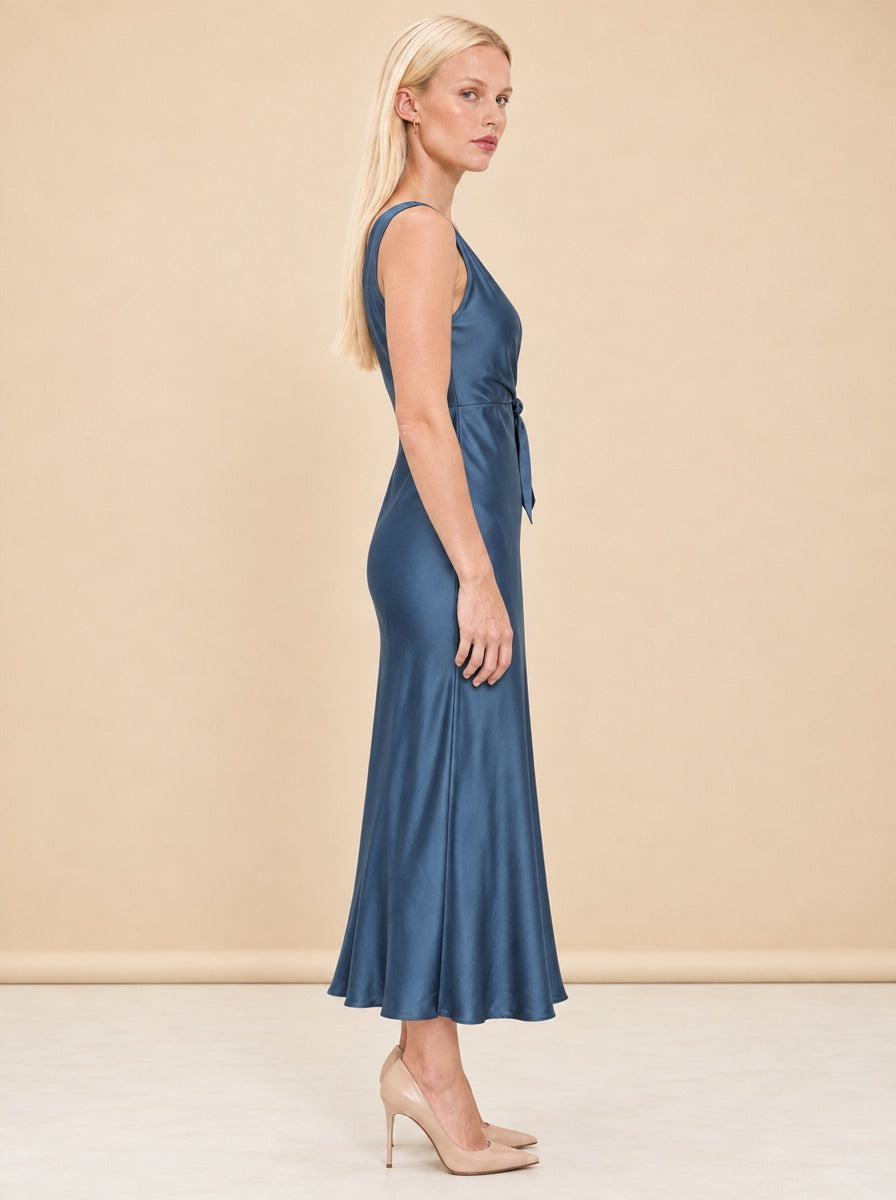 Eva Satin Wrap Midi Dress — model side