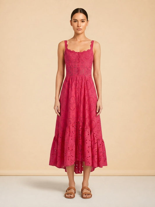 Charo Ruiz Ibiza Eyelet / Broderie Dress (hot pink) — on model, front